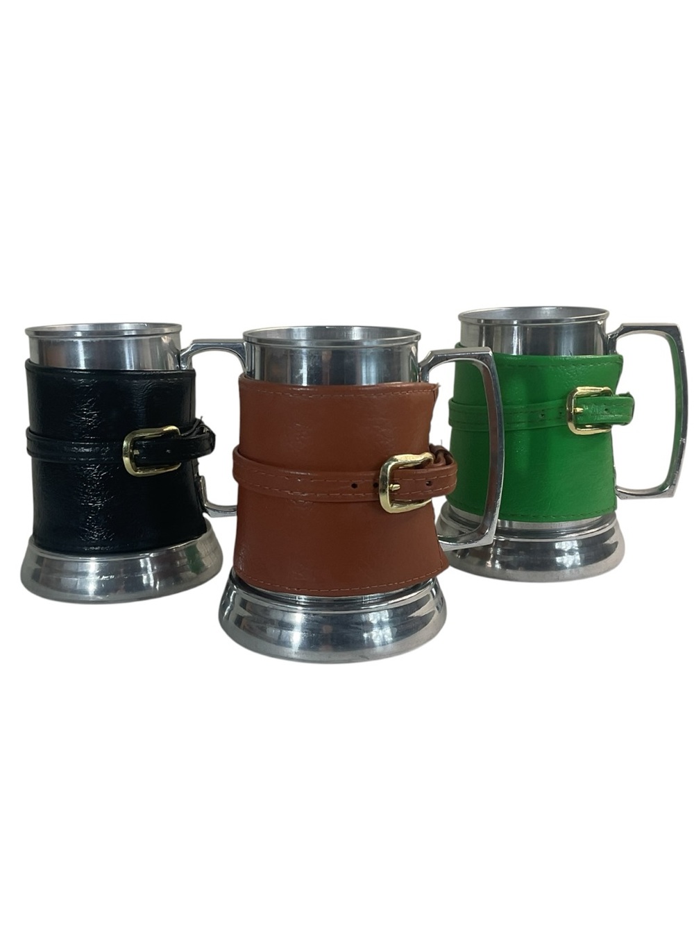 Vintage Enesco Aluminum Tankard Mug Set of 3 Glass Bottom Faux Leather Wrap Stei